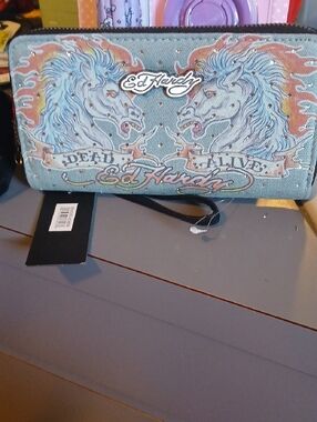 Ed Hardy Multicolor Horse Graphic Zip Wallet with Wrist Strap